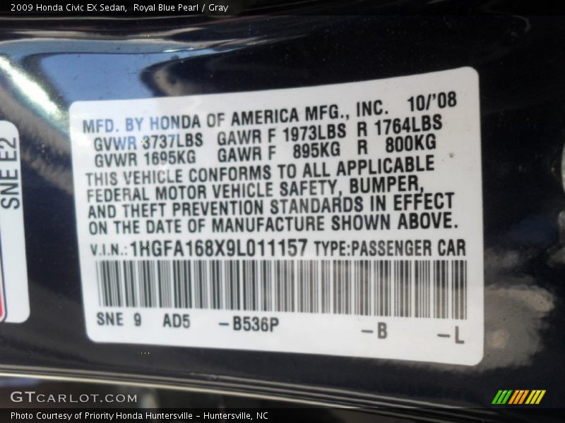 Royal Blue Pearl / Gray 2009 Honda Civic EX Sedan
