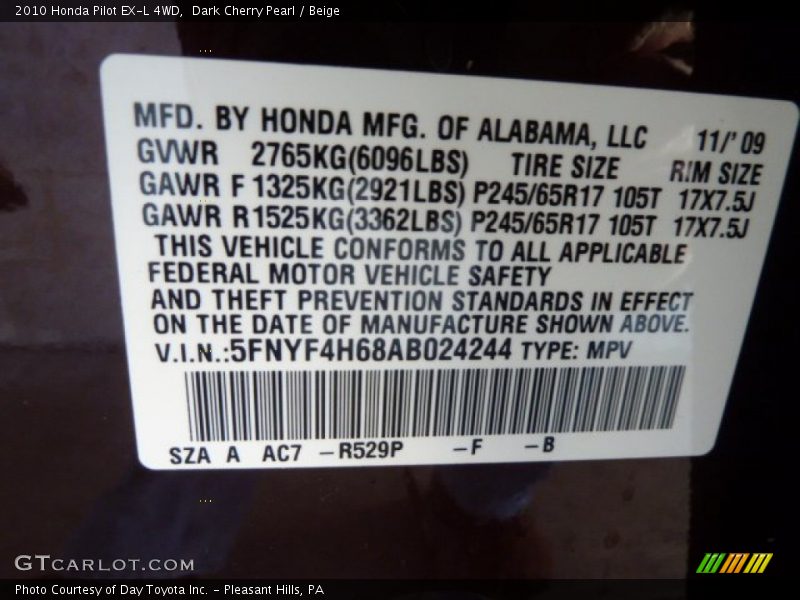 Dark Cherry Pearl / Beige 2010 Honda Pilot EX-L 4WD