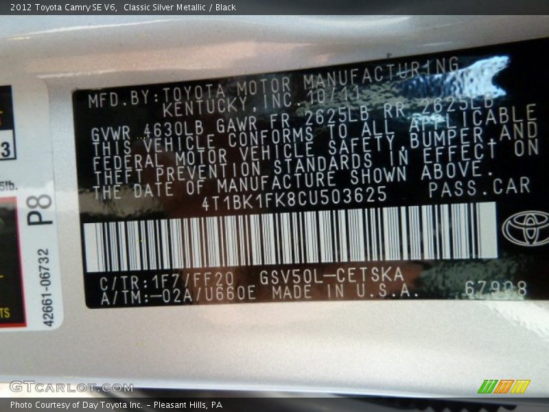 Classic Silver Metallic / Black 2012 Toyota Camry SE V6