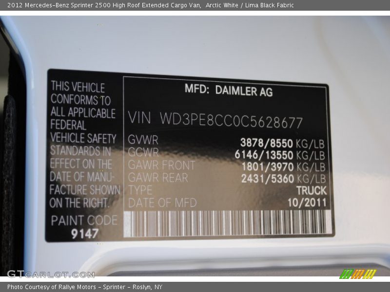 2012 Sprinter 2500 High Roof Extended Cargo Van Arctic White Color Code 9147