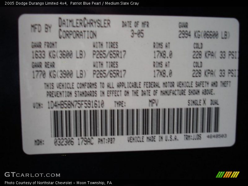 2005 Durango Limited 4x4 Patriot Blue Pearl Color Code PB7