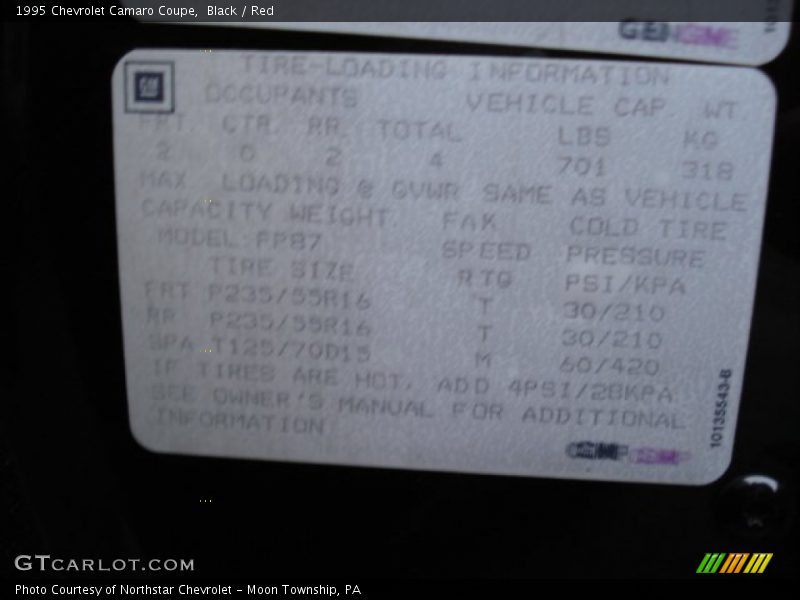 Info Tag of 1995 Camaro Coupe