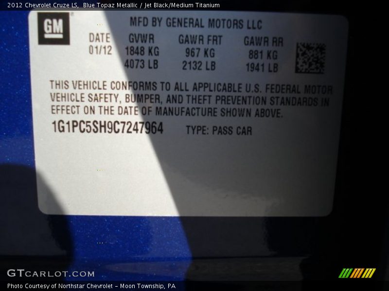 Blue Topaz Metallic / Jet Black/Medium Titanium 2012 Chevrolet Cruze LS