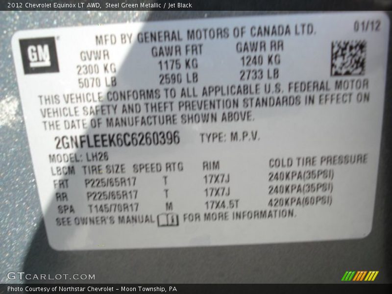 Steel Green Metallic / Jet Black 2012 Chevrolet Equinox LT AWD