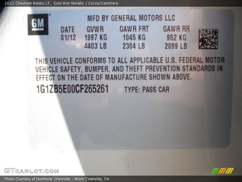 Gold Mist Metallic / Cocoa/Cashmere 2012 Chevrolet Malibu LT