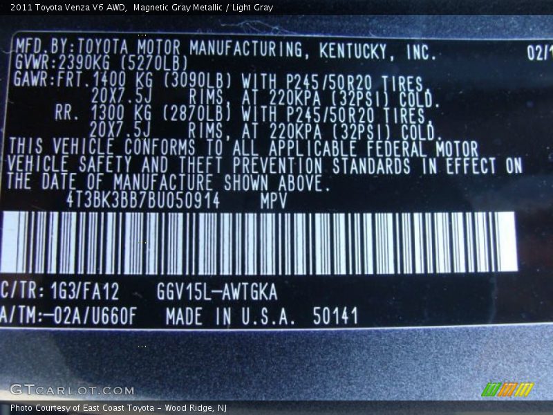 Magnetic Gray Metallic / Light Gray 2011 Toyota Venza V6 AWD