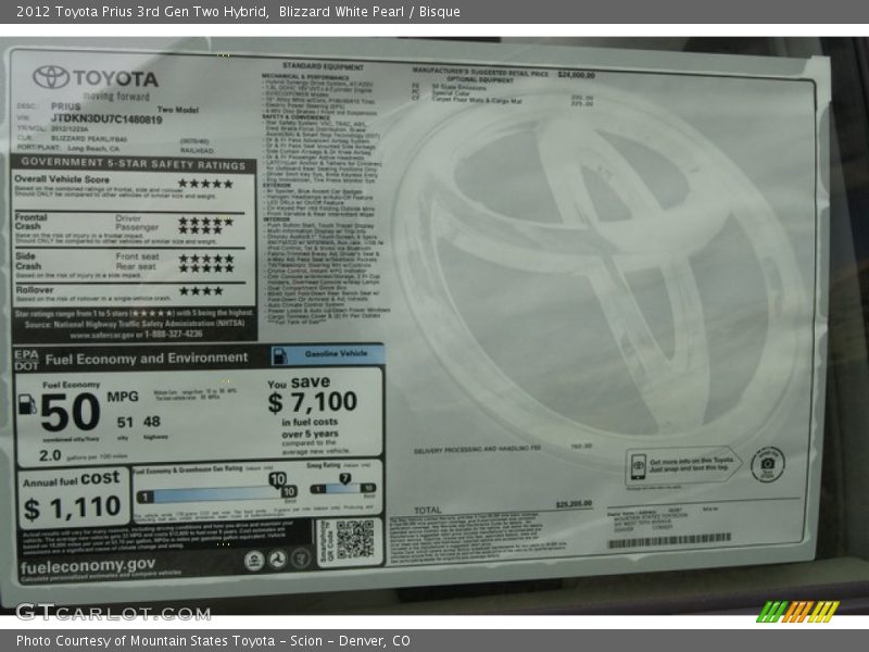 Blizzard White Pearl / Bisque 2012 Toyota Prius 3rd Gen Two Hybrid