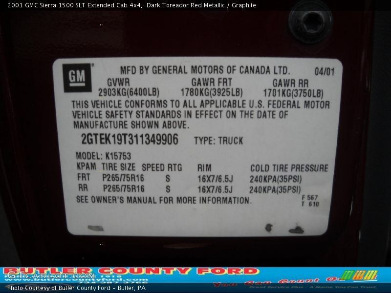 Dark Toreador Red Metallic / Graphite 2001 GMC Sierra 1500 SLT Extended Cab 4x4