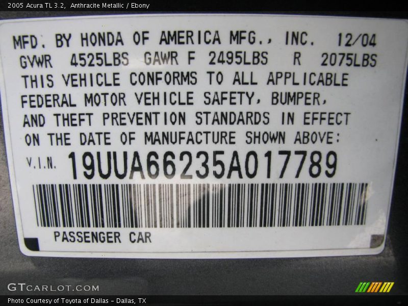Anthracite Metallic / Ebony 2005 Acura TL 3.2