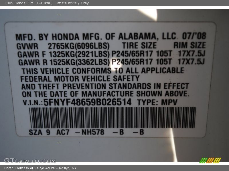 Taffeta White / Gray 2009 Honda Pilot EX-L 4WD