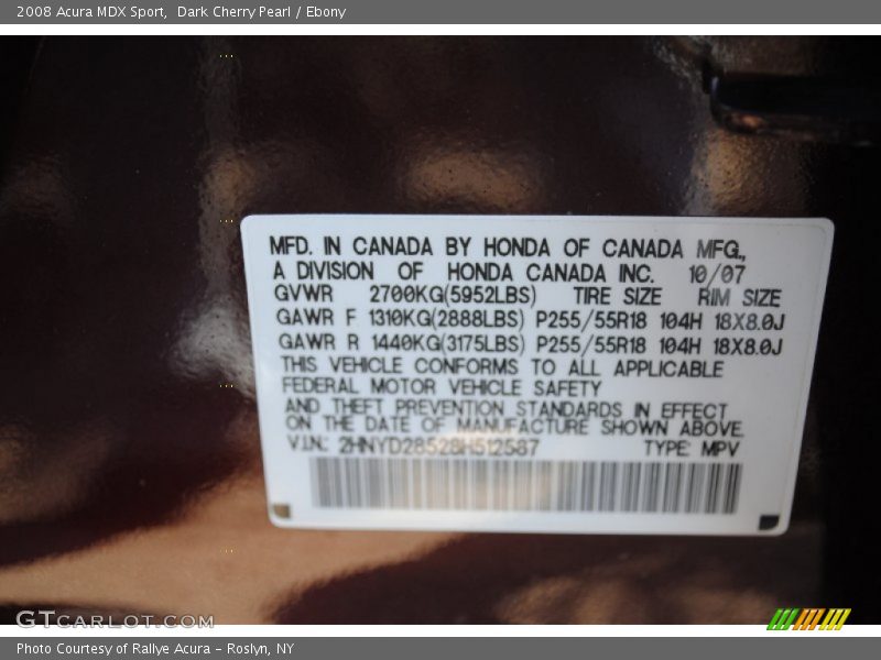 Dark Cherry Pearl / Ebony 2008 Acura MDX Sport