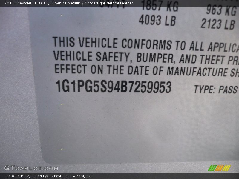 Silver Ice Metallic / Cocoa/Light Neutral Leather 2011 Chevrolet Cruze LT