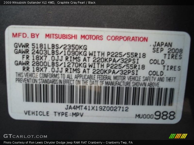 Graphite Gray Pearl / Black 2009 Mitsubishi Outlander XLS 4WD