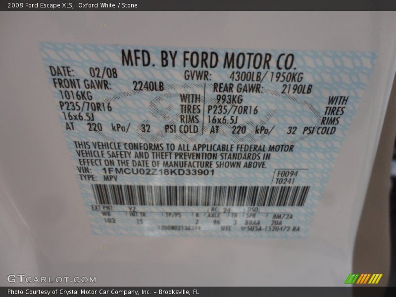 2008 Escape XLS Oxford White Color Code YZ