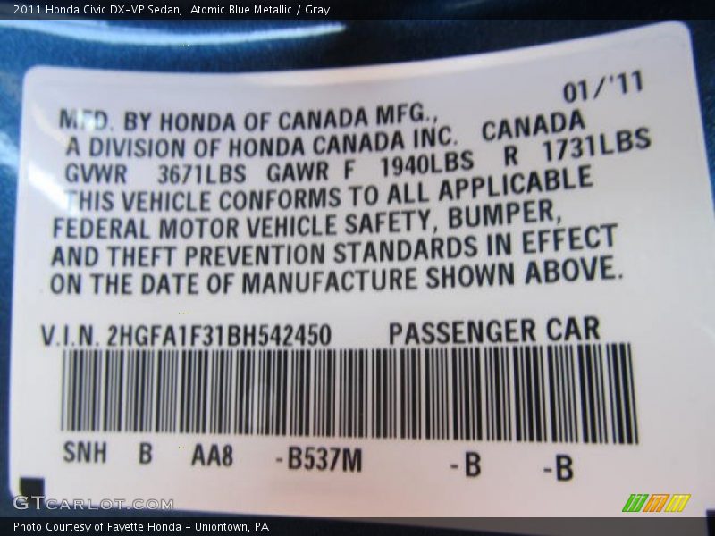 Atomic Blue Metallic / Gray 2011 Honda Civic DX-VP Sedan