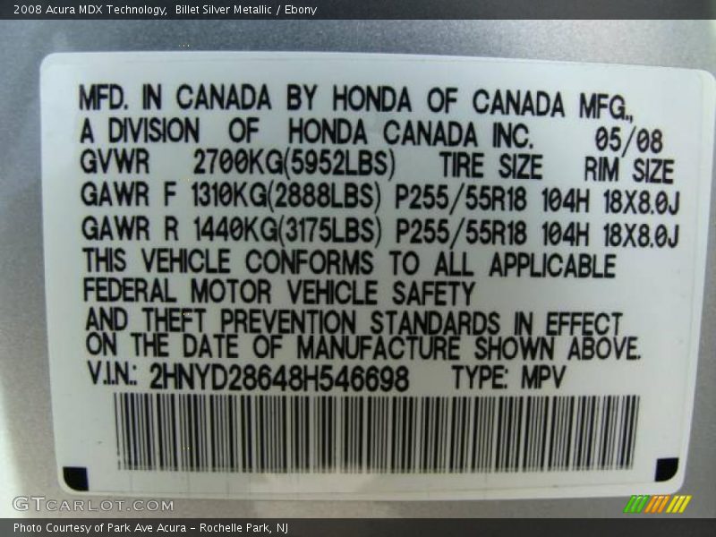 Billet Silver Metallic / Ebony 2008 Acura MDX Technology