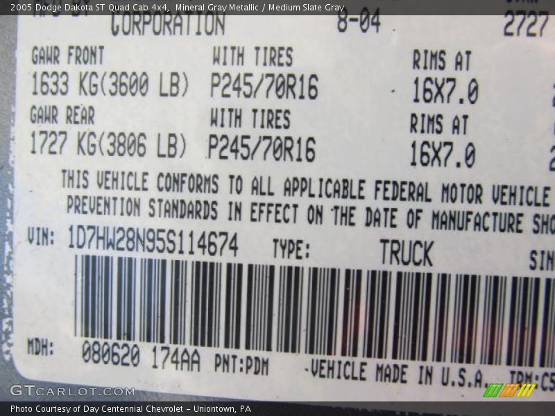 2005 Dakota ST Quad Cab 4x4 Mineral Gray Metallic Color Code PDM