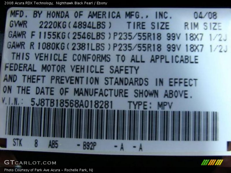 Nighthawk Black Pearl / Ebony 2008 Acura RDX Technology