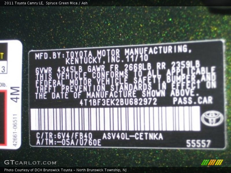 2011 Camry LE Spruce Green Mica Color Code 6V4