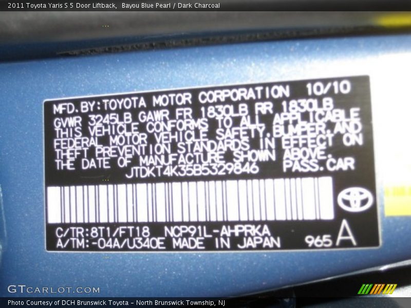 2011 Yaris S 5 Door Liftback Bayou Blue Pearl Color Code 8T1