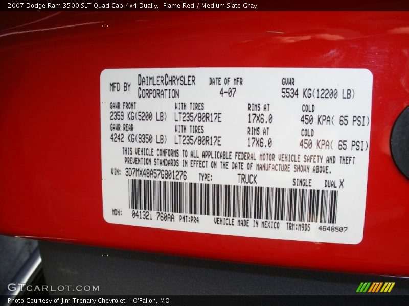 2007 Ram 3500 SLT Quad Cab 4x4 Dually Flame Red Color Code PR4