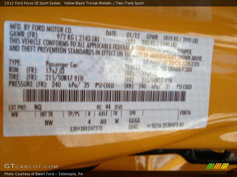 2012 Focus SE Sport Sedan Yellow Blaze Tricoat Metallic Color Code NQ