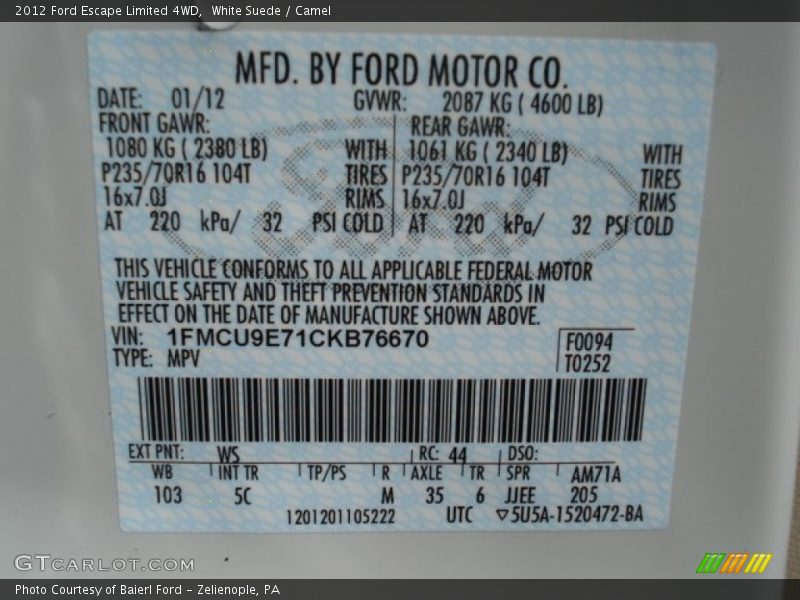 2012 Escape Limited 4WD White Suede Color Code WS