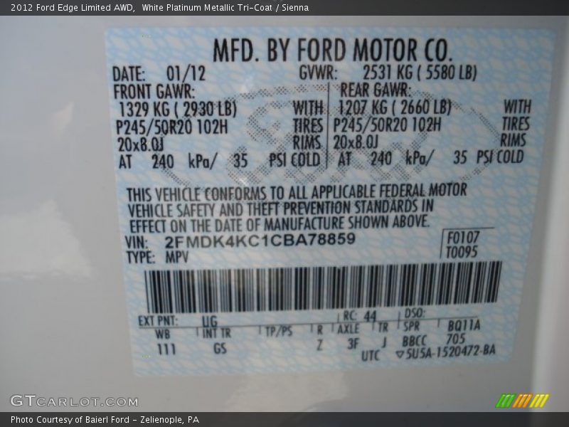 White Platinum Metallic Tri-Coat / Sienna 2012 Ford Edge Limited AWD