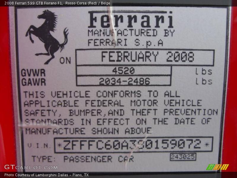 Rosso Corsa (Red) / Beige 2008 Ferrari 599 GTB Fiorano F1