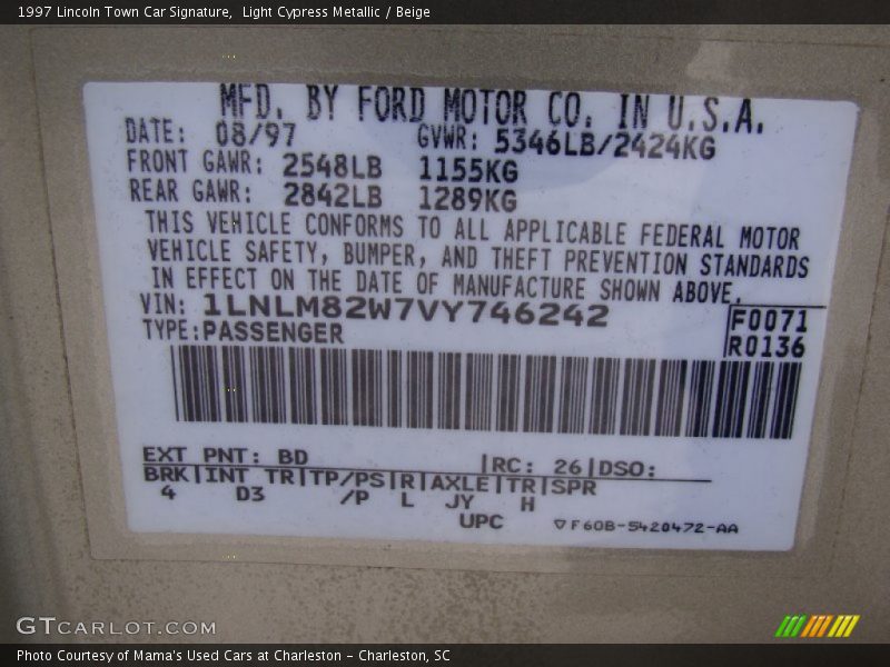 1997 Town Car Signature Light Cypress Metallic Color Code BD