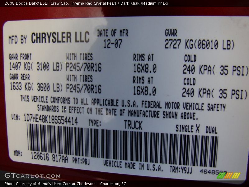 Inferno Red Crystal Pearl / Dark Khaki/Medium Khaki 2008 Dodge Dakota SLT Crew Cab