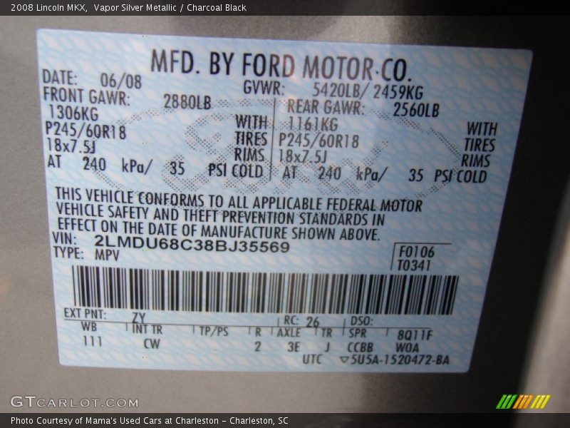 Vapor Silver Metallic / Charcoal Black 2008 Lincoln MKX