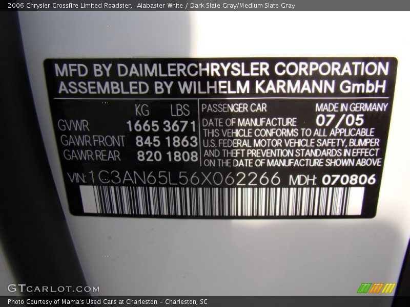 Alabaster White / Dark Slate Gray/Medium Slate Gray 2006 Chrysler Crossfire Limited Roadster