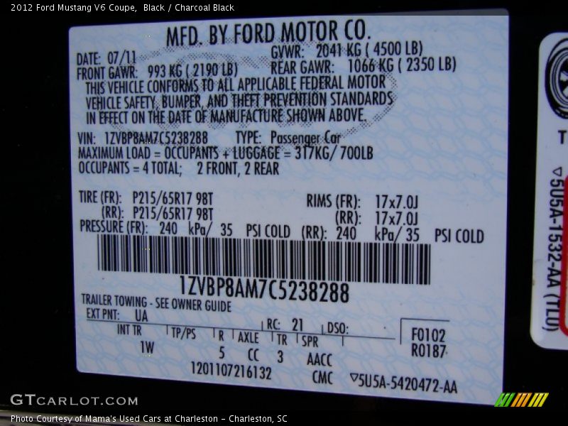 Black / Charcoal Black 2012 Ford Mustang V6 Coupe