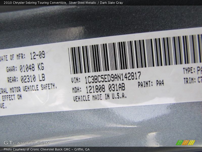 2010 Sebring Touring Convertible Silver Steel Metallic Color Code PA4