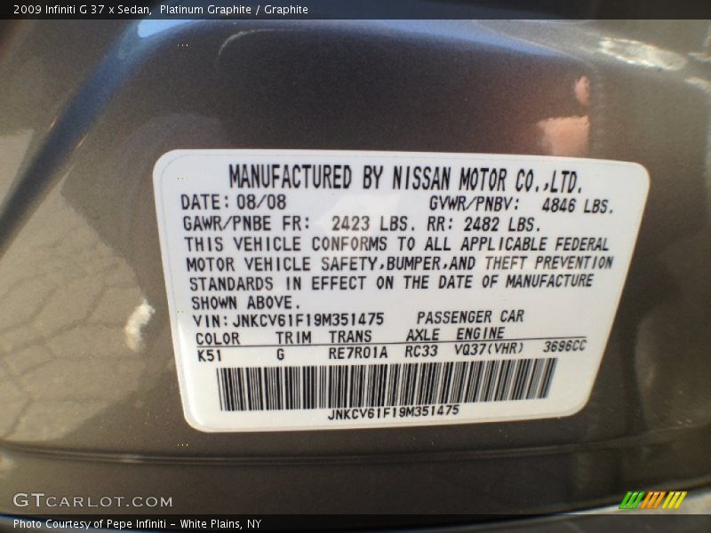 Platinum Graphite / Graphite 2009 Infiniti G 37 x Sedan