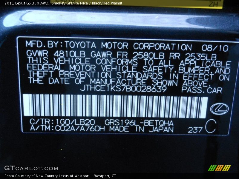 2011 GS 350 AWD Smokey Granite Mica Color Code 1G0