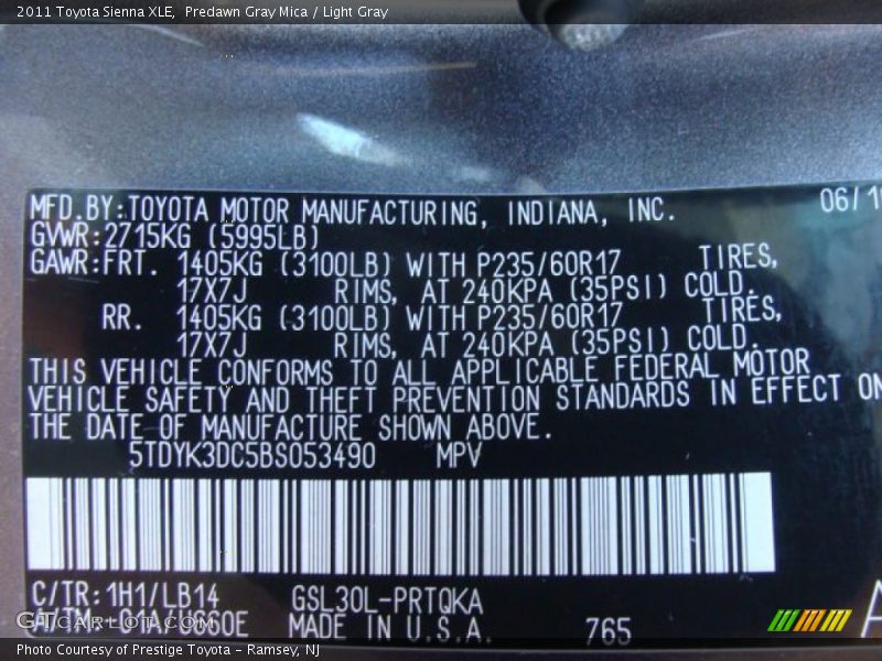 2011 Sienna XLE Predawn Gray Mica Color Code 1H1