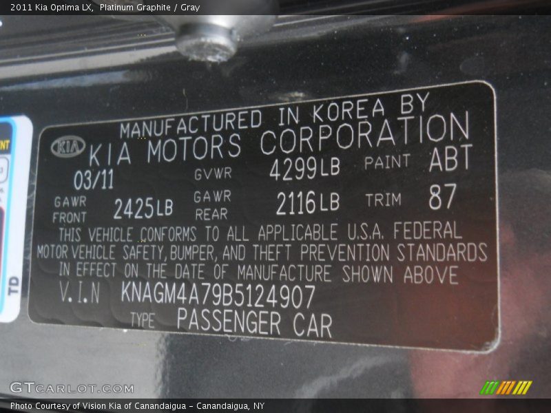 Platinum Graphite / Gray 2011 Kia Optima LX