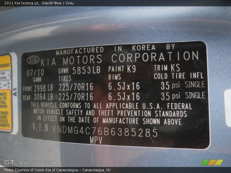 Glacier Blue / Gray 2011 Kia Sedona LX