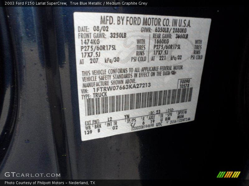 2003 F150 Lariat SuperCrew True Blue Metallic Color Code L2