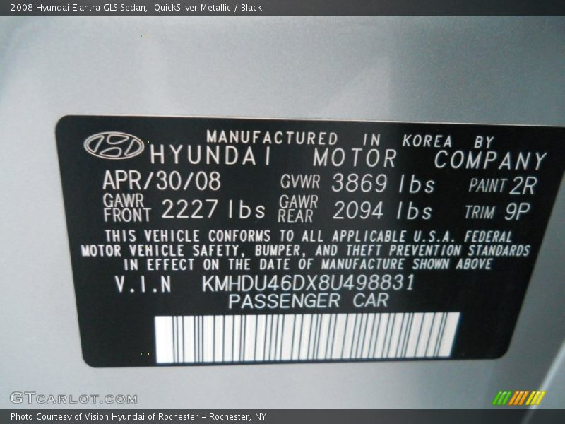 2008 Elantra GLS Sedan QuickSilver Metallic Color Code 2R