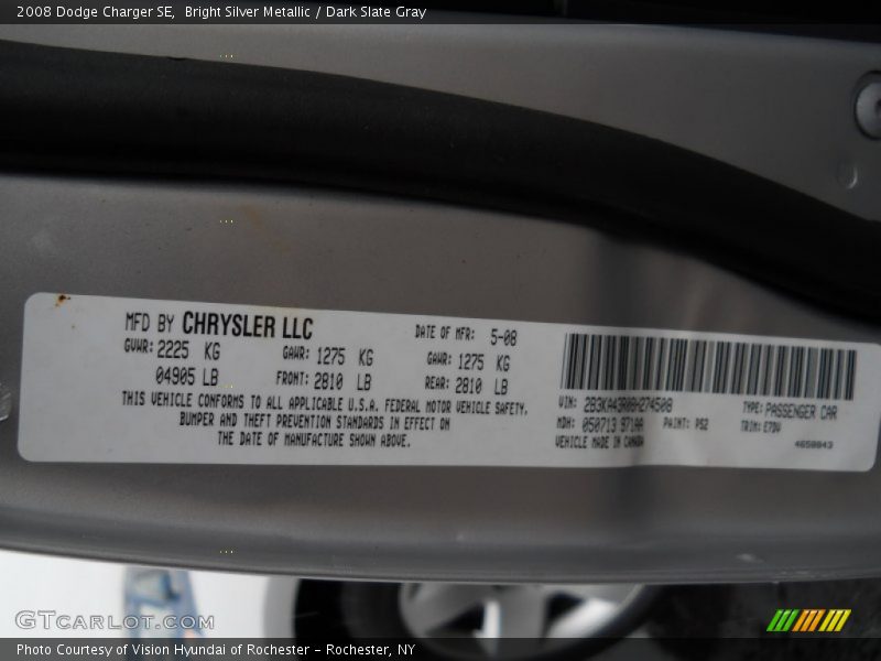 Bright Silver Metallic / Dark Slate Gray 2008 Dodge Charger SE