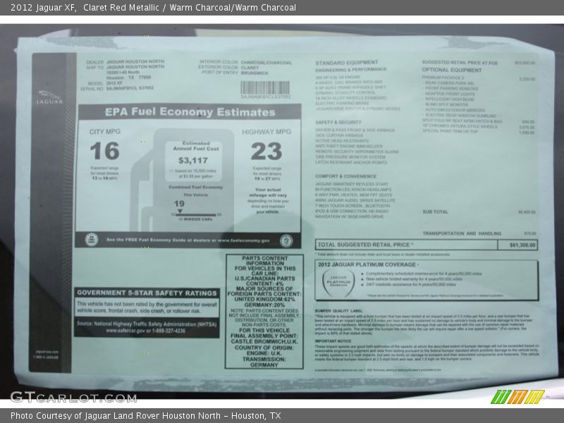  2012 XF  Window Sticker