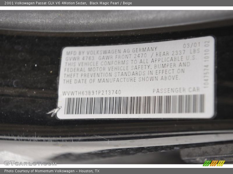 Black Magic Pearl / Beige 2001 Volkswagen Passat GLX V6 4Motion Sedan