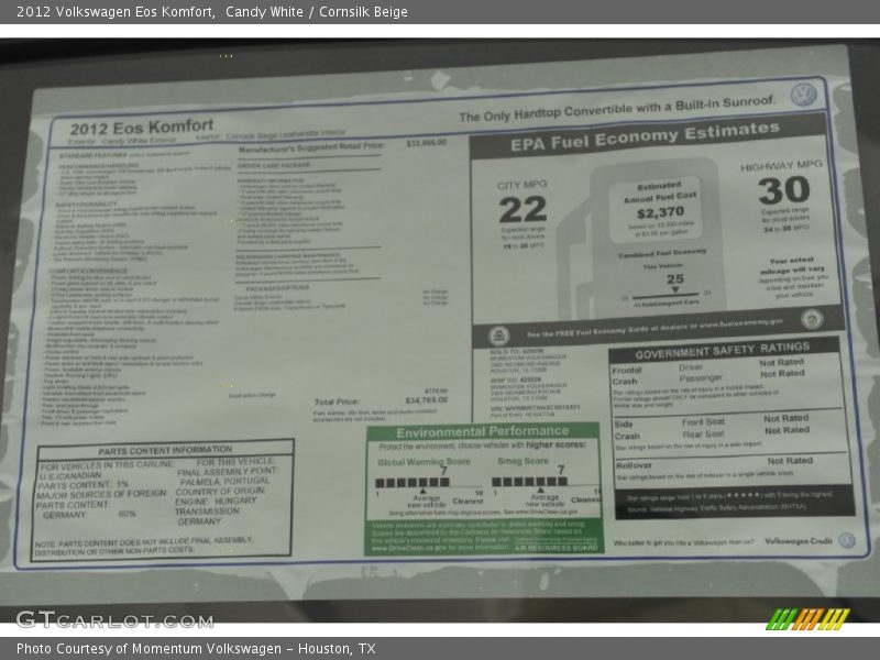 Candy White / Cornsilk Beige 2012 Volkswagen Eos Komfort