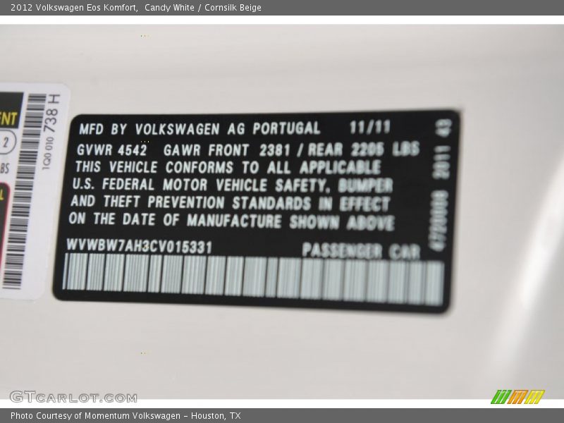 Candy White / Cornsilk Beige 2012 Volkswagen Eos Komfort
