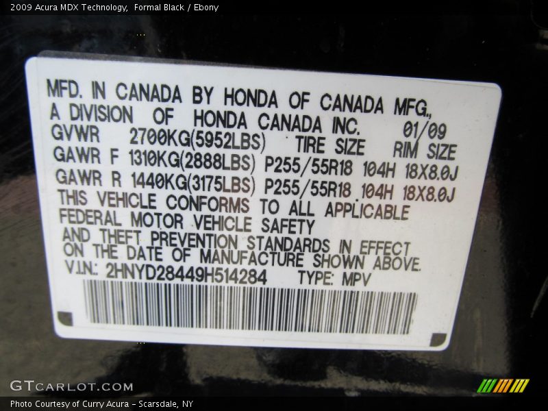 Formal Black / Ebony 2009 Acura MDX Technology