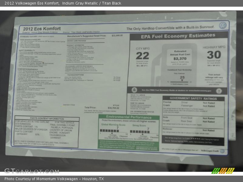 Indium Gray Metallic / Titan Black 2012 Volkswagen Eos Komfort