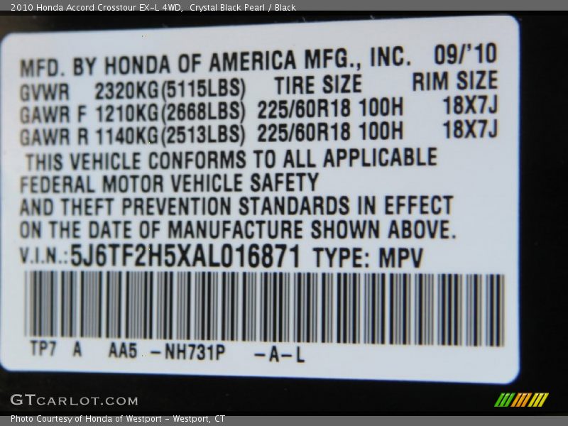 2010 Accord Crosstour EX-L 4WD Crystal Black Pearl Color Code NH731P